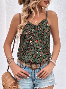 SHEIN LUNE Allover Print Frill Trim Cami Top - Green - View 7