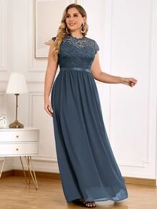 MIUSOL Plus Floral Lace Cap Sleeve Pleated Hem Evening Party Dress - Grey - View 5