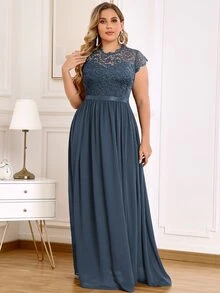 MIUSOL Plus Floral Lace Cap Sleeve Pleated Hem Evening Party Dress - Grey - View 4