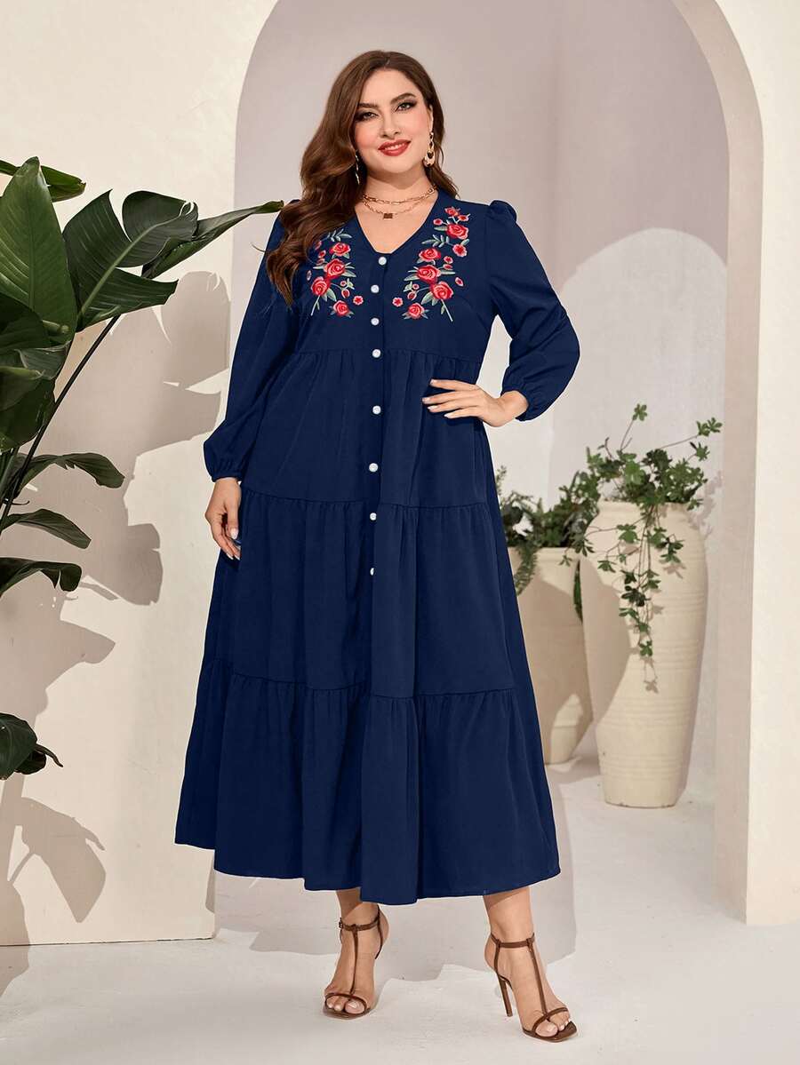 Al Najma Plus Floral Embroidery Button Front Ruffle Hem Dress - Navy Blue - View 1