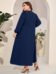 Al Najma Plus Floral Embroidery Button Front Ruffle Hem Dress - Navy Blue - View 2