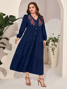 Al Najma Plus Floral Embroidery Button Front Ruffle Hem Dress - Navy Blue - View 3