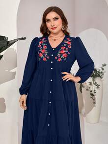 Al Najma Plus Floral Embroidery Button Front Ruffle Hem Dress - Navy Blue - View 4