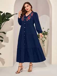 Al Najma Plus Floral Embroidery Button Front Ruffle Hem Dress - Navy Blue - View 5