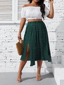 SHEIN Clasi Váy Plus Size Bất đối xứng Xếp li Tách cao Chấm bi Giải trí - Màu xanh lá cây đậm - Xem 5