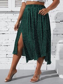 SHEIN Clasi Váy Plus Size Bất đối xứng Xếp li Tách cao Chấm bi Giải trí - Màu xanh lá cây đậm - Xem 3