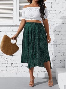 SHEIN Clasi Váy Plus Size Bất đối xứng Xếp li Tách cao Chấm bi Giải trí - Màu xanh lá cây đậm - Xem 4