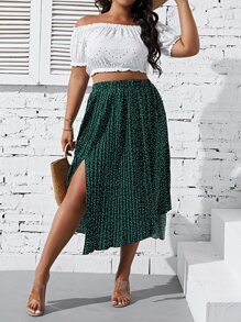 SHEIN Clasi Váy Plus Size Bất đối xứng Xếp li Tách cao Chấm bi Giải trí - Màu xanh lá cây đậm - Xem 1
