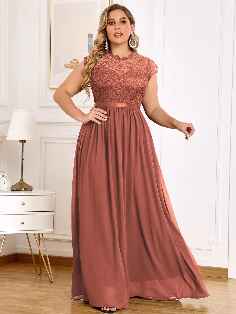 MIUSOL Đầm dự tiệc buổi tối tay lỡ xếp ly ren hoa Plus - Màu Cam cháy - Xem 1