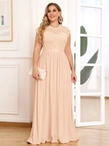 MIUSOL 大碼上身蕾絲拼接雪紡舞會連衣裙 - 杏色 - 查看 1