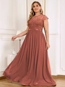 MIUSOL Đầm dự tiệc buổi tối tay lỡ xếp ly ren hoa Plus - Màu Cam cháy - Xem 7