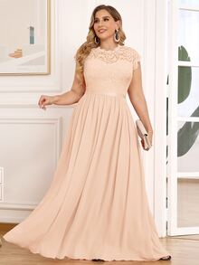 MIUSOL 大碼上身蕾絲拼接雪紡舞會連衣裙 - 杏色 - 查看 4