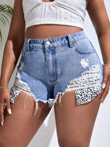 SHEIN SXY Plus Leopard Print Ripped Raw Cut Denim Shorts - Light Wash - View 1