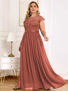 MIUSOL Đầm dự tiệc buổi tối tay lỡ xếp ly ren hoa Plus - Màu Cam cháy - Xem 5