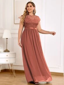 MIUSOL Đầm dự tiệc buổi tối tay lỡ xếp ly ren hoa Plus - Màu Cam cháy - Xem 6