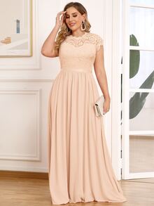 MIUSOL 大碼上身蕾絲拼接雪紡舞會連衣裙 - 杏色 - 查看 6