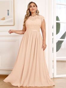 MIUSOL 大碼上身蕾絲拼接雪紡舞會連衣裙 - 杏色 - 查看 3