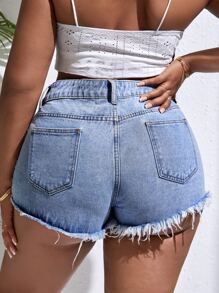 SHEIN SXY Plus Leopard Print Ripped Raw Cut Denim Shorts - Light Wash - View 2