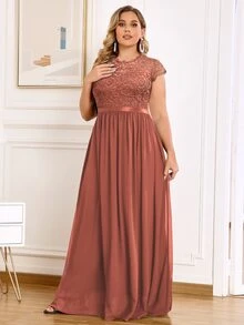 MIUSOL Đầm dự tiệc buổi tối tay lỡ xếp ly ren hoa Plus - Màu Cam cháy - Xem 4
