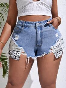 SHEIN SXY Plus Leopard Print Ripped Raw Cut Denim Shorts - Light Wash - View 3