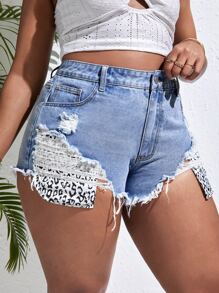 SHEIN SXY Plus Leopard Print Ripped Raw Cut Denim Shorts - Light Wash - View 4