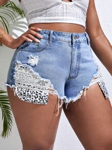 SHEIN SXY Plus Leopard Print Ripped Raw Cut Denim Shorts - Light Wash - View 5