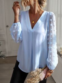 EMERY ROSE Swiss Dot Curved Hem Blouse - Baby Blue - View 1