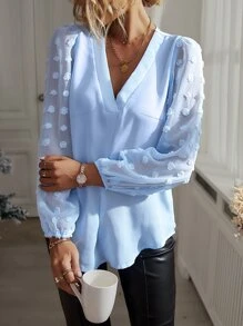 EMERY ROSE Swiss Dot Curved Hem Blouse - Baby Blue - View 3