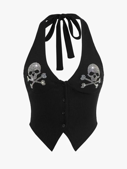 ROMWE PUNK Top halter con patrón de calavera de rhinestone, asimétrico y sin espalda, estilo Kpop