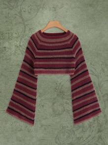 ROMWE Fairycore Striped Bell Sleeve Crop Sweater - Multicolor - View 1