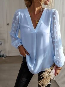 EMERY ROSE Swiss Dot Curved Hem Blouse - Baby Blue - View 4