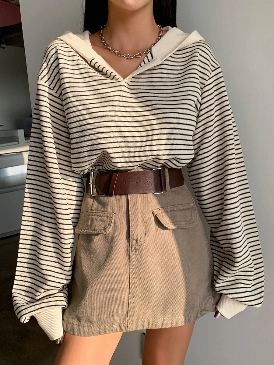 DAZY Striped Drop Shoulder Sweatshirt,Long Sleeve Tops,Fall Clothes,Back To School Clothes Hoodie - Apricot - View 1