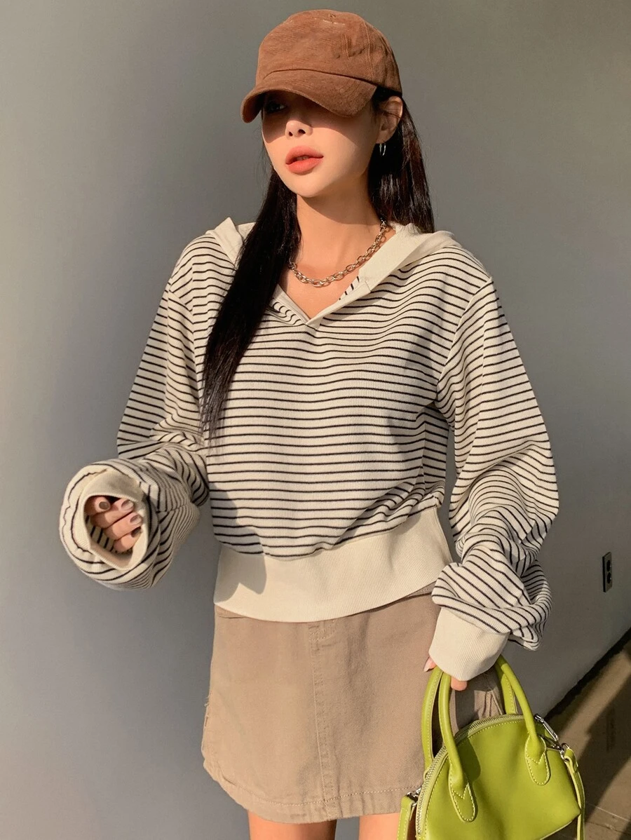 DAZY Striped Drop Shoulder Sweatshirt, Long Sleeve Tops, Fall Clothes, Back To School Clothes Sweatshirt - Apricot - View 1