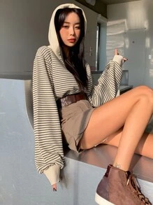 DAZY Striped Drop Shoulder Sweatshirt,Long Sleeve Tops,Fall Clothes,Back To School Clothes Hoodie - Apricot - View 4