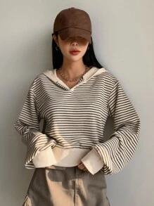 DAZY Striped Drop Shoulder Sweatshirt,Long Sleeve Tops,Fall Clothes,Back To School Clothes Hoodie - Apricot - View 5