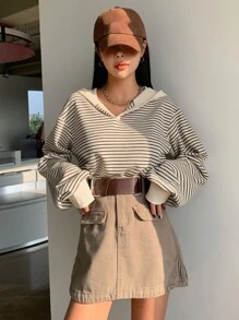 DAZY Striped Drop Shoulder Sweatshirt,Long Sleeve Tops,Fall Clothes,Back To School Clothes Hoodie - Apricot - View 6