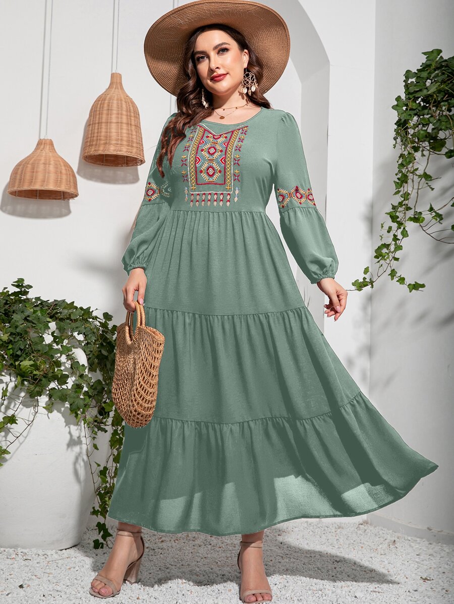 Seusyu Plus Floral Embroidery Ruffle Hem Dress Kaftan Jalabiya Dress - Mint Green - View 1