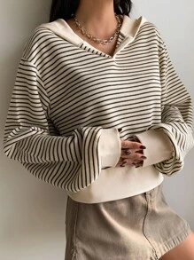 DAZY Striped Drop Shoulder Sweatshirt,Long Sleeve Tops,Fall Clothes,Back To School Clothes Hoodie - Apricot - View 8