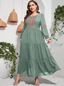 Seusyu Plus Floral Embroidery Ruffle Hem Dress Kaftan Jalabiya Dress - Mint Green - View 4