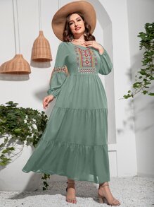 Seusyu Plus Floral Embroidery Ruffle Hem Dress Kaftan Jalabiya Dress - Mint Green - View 5