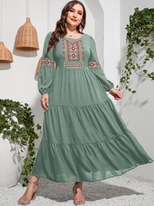 Seusyu Plus Floral Embroidery Ruffle Hem Dress Kaftan Jalabiya Dress - Mint Green - View 6