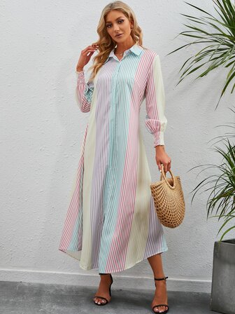 Striped Print Colourblock Shirt Dress