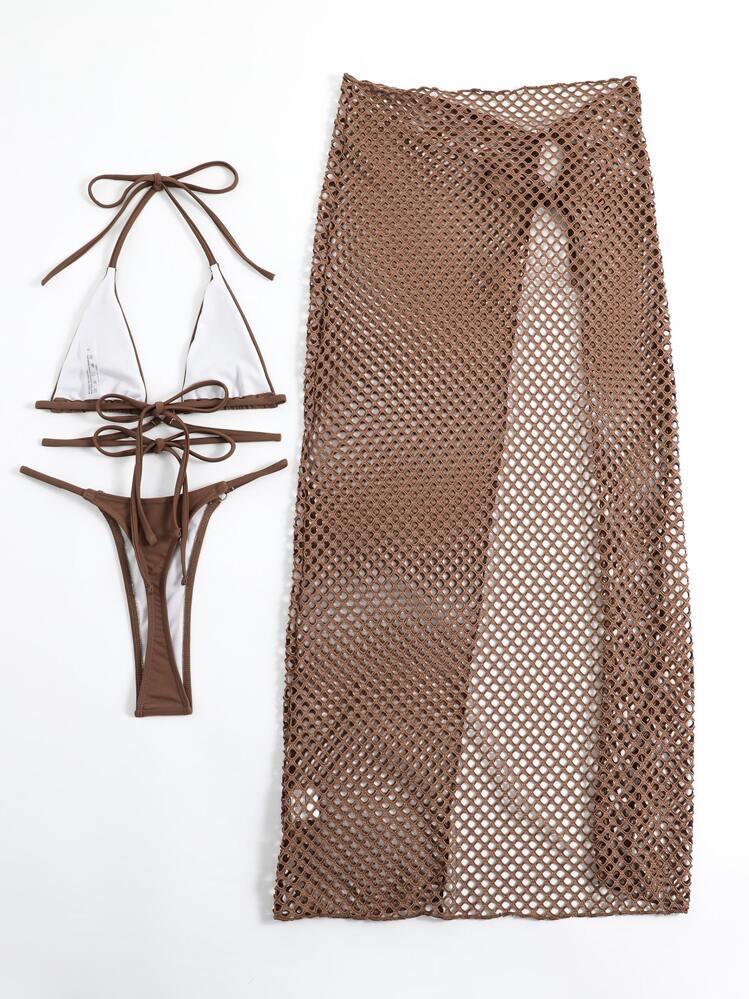 Swim SXY Conjunto de bikini de triángulo con cuello halter y playa sin estampado, con falda de playa - Café integral - Añade 5