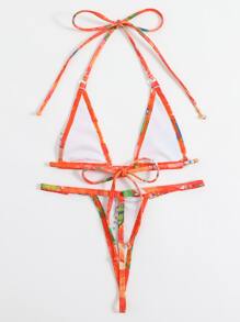 全面印花露背三角形夏天海灘比基尼套裝 - 橘色 - 查看 2