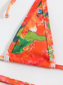 全面印花露背三角形夏天海灘比基尼套裝 - 橘色 - 查看 3