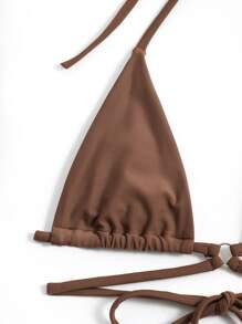 Swim SXY Summer Beach Plain Halter Triangle Bikini Set With Beach Skirt - Coffee Brown - View 4