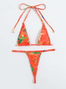 全面印花露背三角形夏天海灘比基尼套裝 - 橘色 - 查看 5