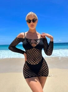 Swim SXY Summer Beach Hollow Out Fishnet Off The Shoulder Bodycon Over Up Dress Without Lingerie Set - Black - View 3