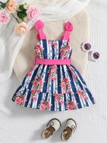 Baby Floral & Striped Print Bow Shoulder Ruffle Hem Cami Dress - Multicolor - View 2