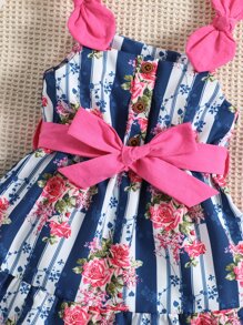 Baby Floral & Striped Print Bow Shoulder Ruffle Hem Cami Dress - Multicolor - View 4